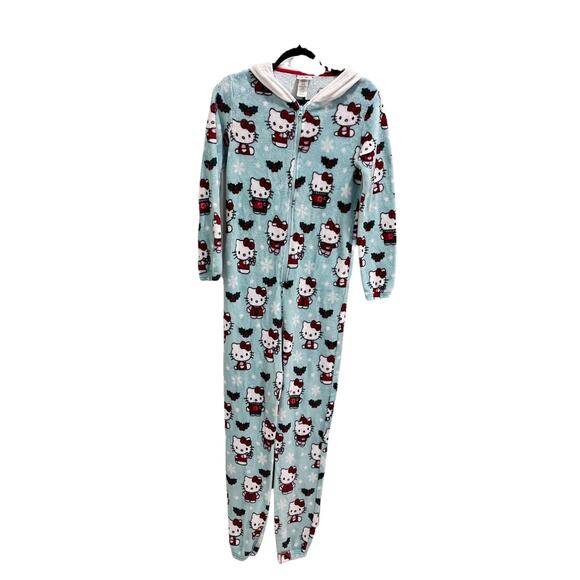 Hello Kitty Womens Union Suit One Piece Pajamas Jumper Christmas Sz S Blue - Picture 1 of 9